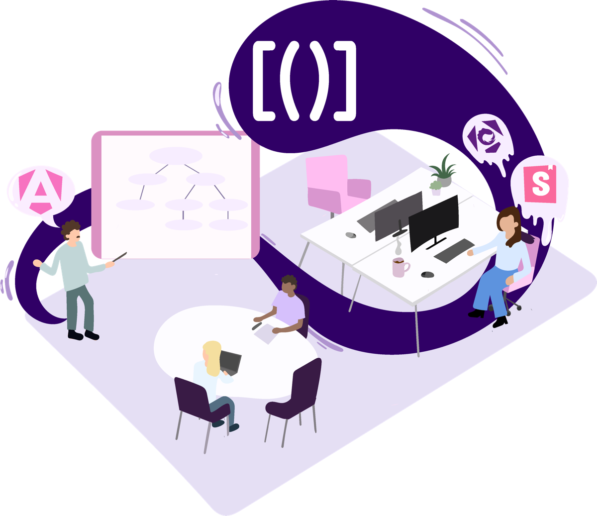 Illustration eines Angular-Ateliers mit stilisierten Entwicklungswerkzeugen